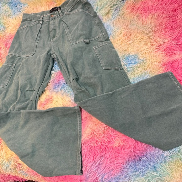Lioness Pants - Lioness Cargo Pants Women Medium Green Fair Wide Leg Contrast Stitch Utility